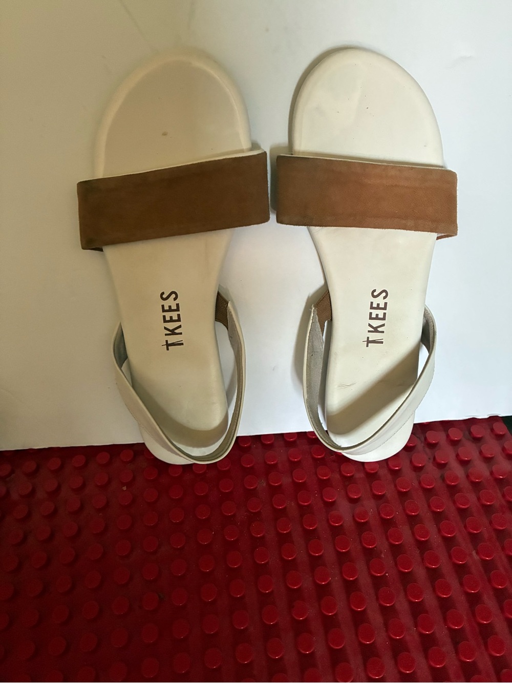 TKEES Cream Slide Sandals with Brown Suede Strap